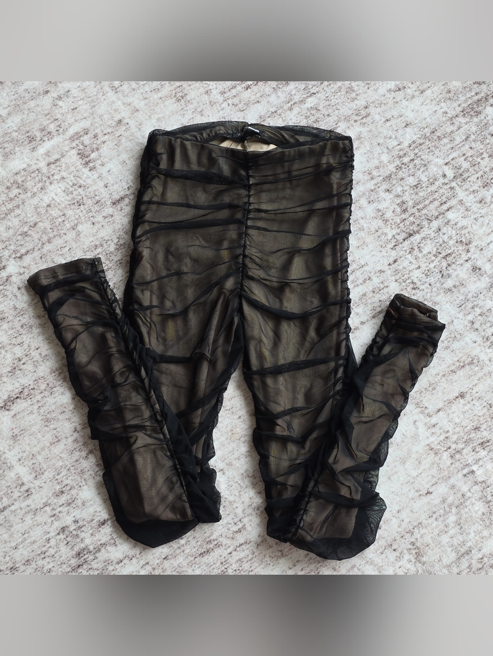 Fashion Nova Black Sheer Ruched Mesh Leggings with Nude Lining